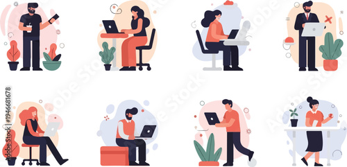 Diverse individuals engaged in remote work and office tasks with laptops and plants