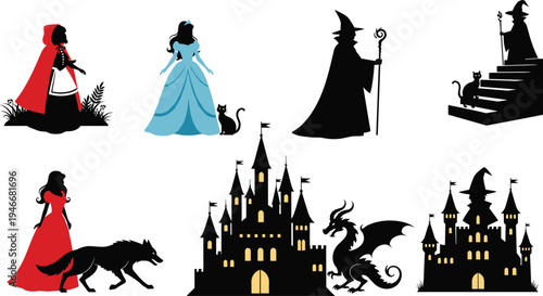 fairy, tale, silhouettes, princess, witch, wizard, castle, dragon, fantasy, magic, storybook, medieval, enchanted, kingdom, vector, illustration, character, collection, design, set