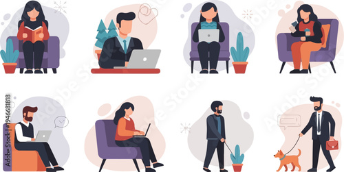 Diverse individuals engaged in various everyday activities, working, relaxing, and walking a dog