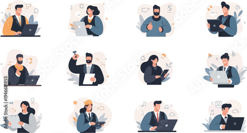 Diverse individuals engaged in various modern work activities using digital devices