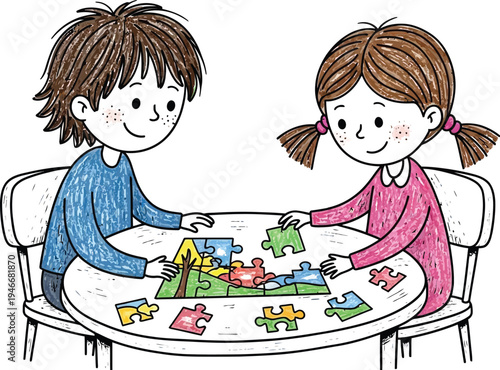 Children playing puzzle together doodle vector
