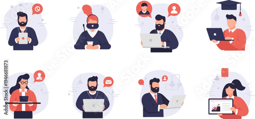 Modern professionals utilizing digital devices for communication and learning