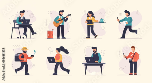 Diverse individuals engaged in various tasks, from work to leisure, on a light background