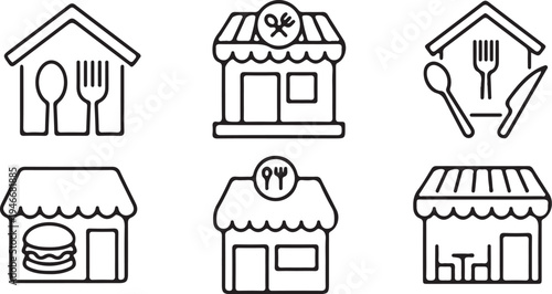 hand drawn restaurant cafe food shop building store outline icon set vector illustration design 