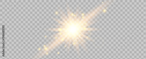 Golden sun starburst with sharp rays, bright glow, lens flare and sparkling dust on light checkered background.