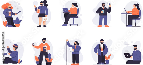 Diverse individuals engaged in various work-related activities and leisure