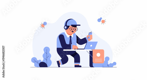 Animated character with headphones works on a laptop and phone