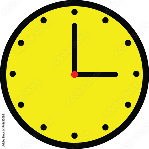 Yellow analog clock showing nine thirty with black border and dots