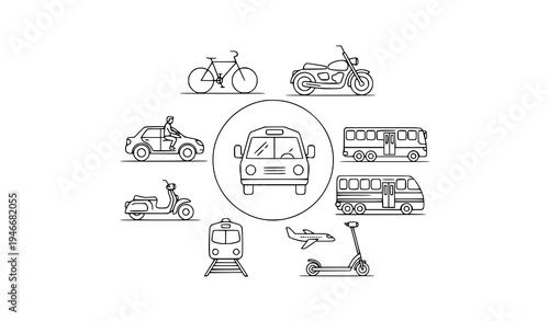 A minimalist vector graphic illustrating various modes of transportation