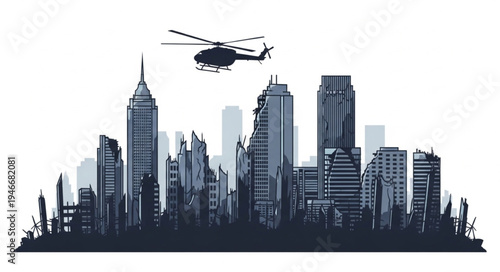 City Skyline with Helicopter Flying.