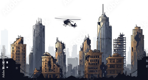 City Skyline with Helicopter Flying.