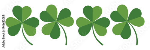 Flat Shamrock Icon Vector Set, four leaf clover vector icons representing luck and St. Patrick’s Day celebration, isolated leaf designs for web, mobile apps