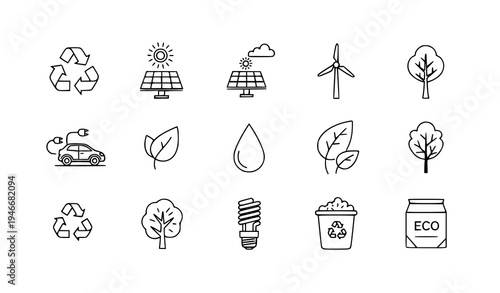 A set of eco-friendly icons representing sustainable living and environmental conservation
