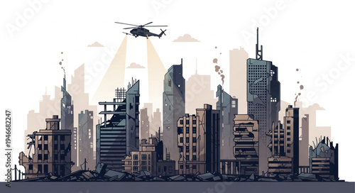 City Skyline with Helicopter Flying.