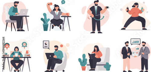 Diverse people engaged in various work and leisure activities, vector illustrations