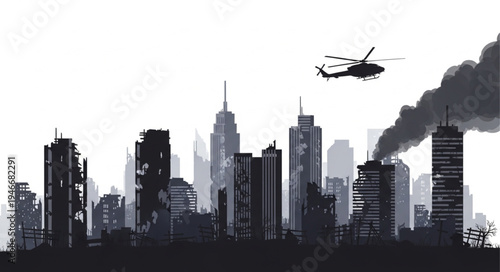 City Skyline with Helicopter Flying.