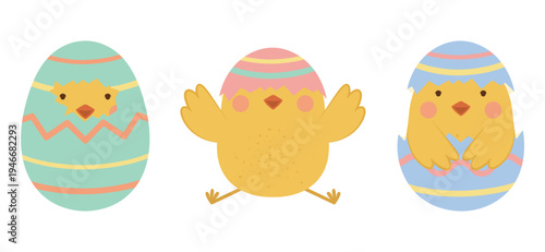 Cute Easter chicks hatching from decorated eggs in pastel colors. Spring holiday set with baby chickens, patterned eggs and playful characters. Perfect for greeting cards, kids design and Easter decor
