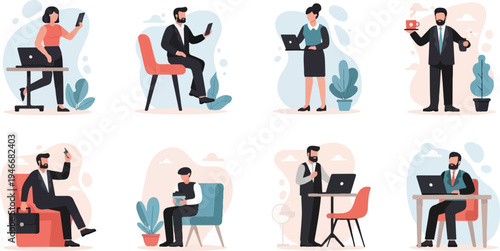 Diverse professionals engage with technology and coffee in office-like settings