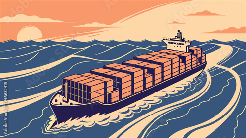 A large cargo ship carrying stacks of containers travels across the ocean during sunset in a vintage flat vector illustration style for logistics.