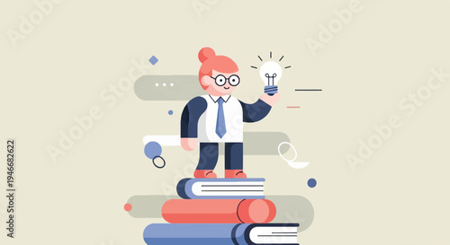 Animated character with red hair holding a light bulb above stack of books