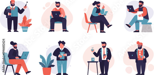 Diverse professionals engaged in work and leisure activities, featuring laptops and coffee