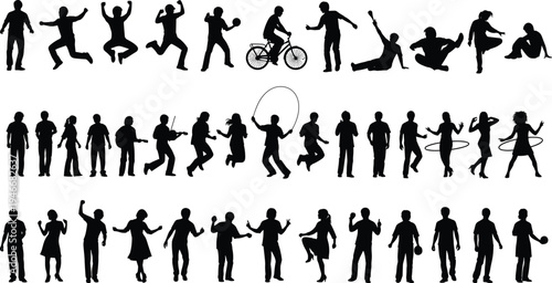 people, silhouettes, jumping, dancing, walking, cycling, music, celebration, movement, activity, lifestyle, crowd, action, pose, vector, illustration, set, collection, design, motion