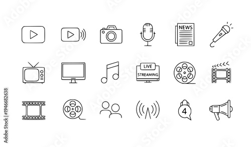 A set of minimalist line art icons representing various media and communication symbols