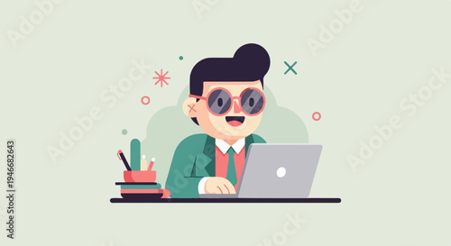 Animated character working on a laptop at a desk with stationery
