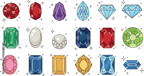 Colorful faceted gemstone collection with diamond ruby emerald sapphire pearl topaz jewels decorative precious stones vector illustration set