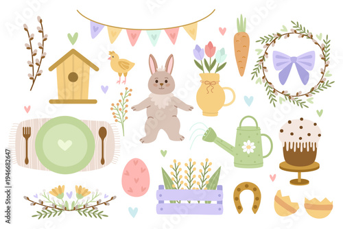 Easter set of festive elements. Rabbit, wreath, willow bouquet, box of flowers, pastries. Spring vector illustration.