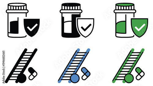 Medication safety symbols with ladders and pill bottles icons, simple vector graphics illustrating pharmacy safety guidelines