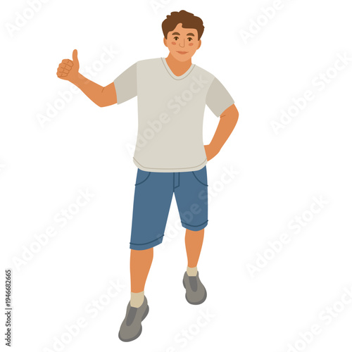 The man gives a thumbs up. He was wearing denim shorts and a T-shirt. Vector illustration.