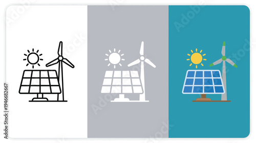 Solar Panels with Wind Turbines on White, Gray, and Blue Backgrounds