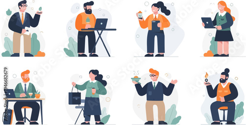 Diverse professionals in a modern, clean, flat design style