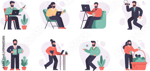 Diverse professionals engaged in work, communication, and leisure activities indoors