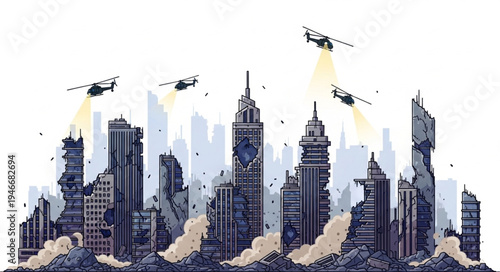 City Skyline with Helicopters Flying.