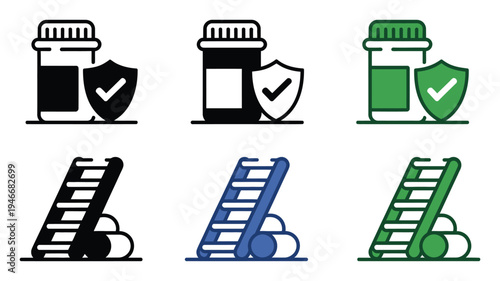 Medication safety symbols with ladders and pill bottles icons, vector illustration representing pharmaceutical safety