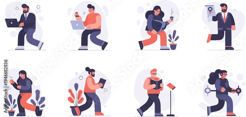 People engaged in various activities working, listening, holding objects, and reading