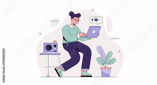 Person working on a laptop near camera and plant