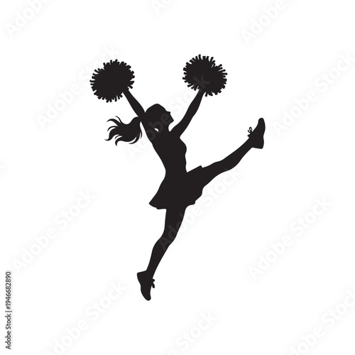 Dynamic silhouette of a cheerleader jumping enthusiastically with pom-poms, showcasing athletic energy and team spirit.
