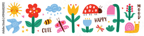 Cute naive spring and summer garden element set with flowers, sun, cloud, bird, bee, butterfly, snail and ladybug. Childish nature illustrations for stickers, nursery decor and scrapbook design.
