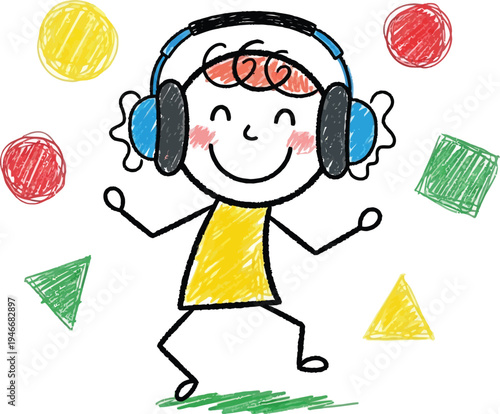 Child listening music headphones doodle vector