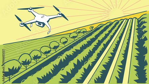 Agricultural drone flying over a farm field at sunrise in a stylized vector illustration representing smart farming, precision agriculture, and modern technology.