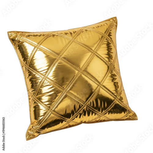 Golden shiny square pillow with diamond pattern isolated on transparent background
