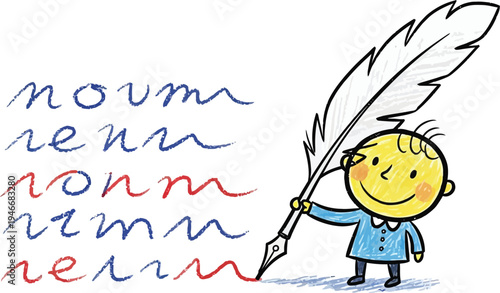 Child writing with feather pen doodle vector