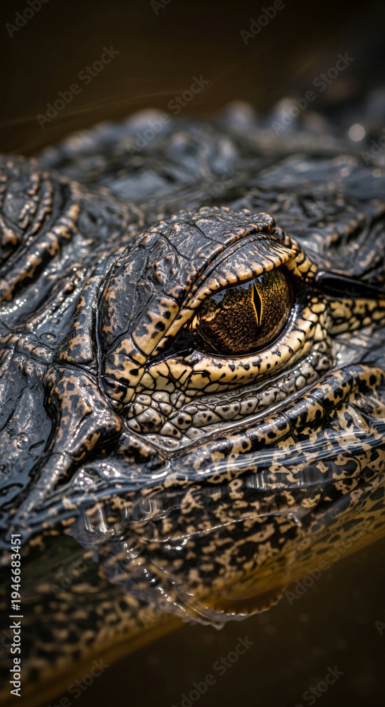 Fototapeta premium Close-up of alligator's eye and scaly skin. The texture and detail highlight the reptile's unique features, symbolizing nature, wildlife and predator