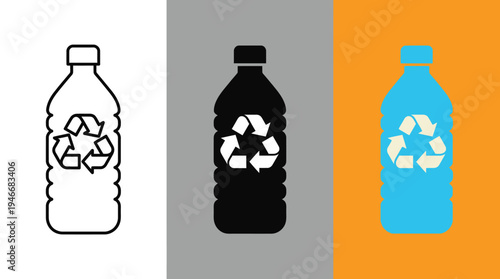 Recyclable Plastic Bottles with Recycling Symbols on White, Gray, and Orange Backgrounds