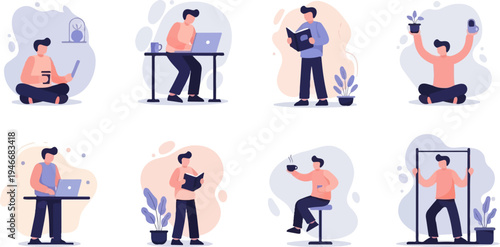 Illustrations of people engaged in various home and work activities