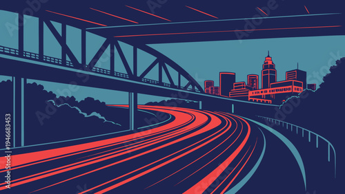 City highway at night with light trails leading toward a metropolitan skyline under a bridge in a minimalist flat vector illustration style.