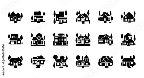 Diverse House Icons - Silhouette Collection of Residential Buildings.